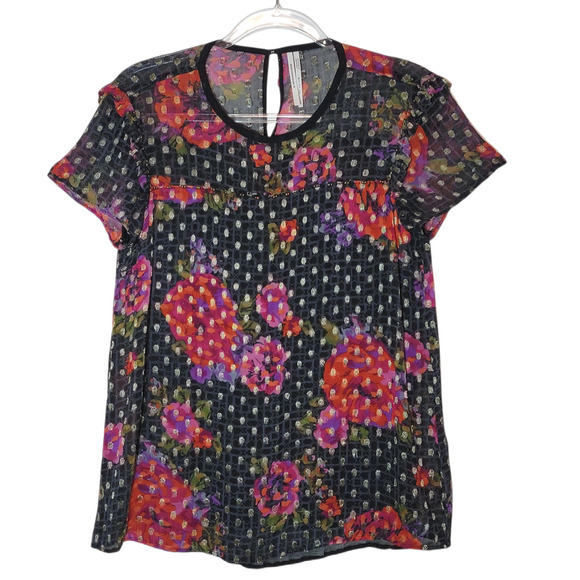 Anthropologie Fiorella Floral Blouse Gold Metallic Beaded Black Pink Red 4 - Picture 16 of 16